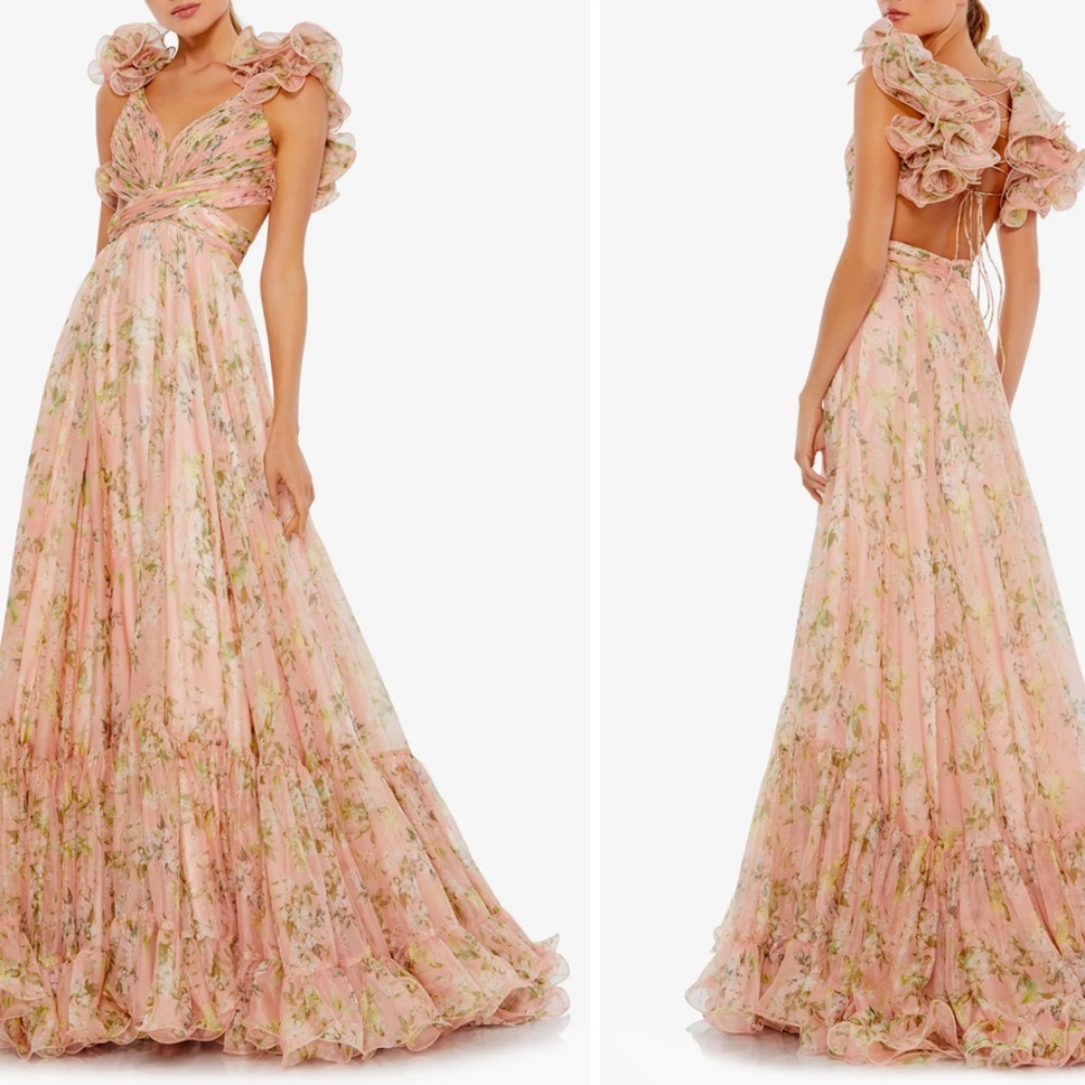 Mac Duggal RUFFLE TIERED FLORAL CUT-OUT CHIFFON GOWN PINK MULTI FLORAL